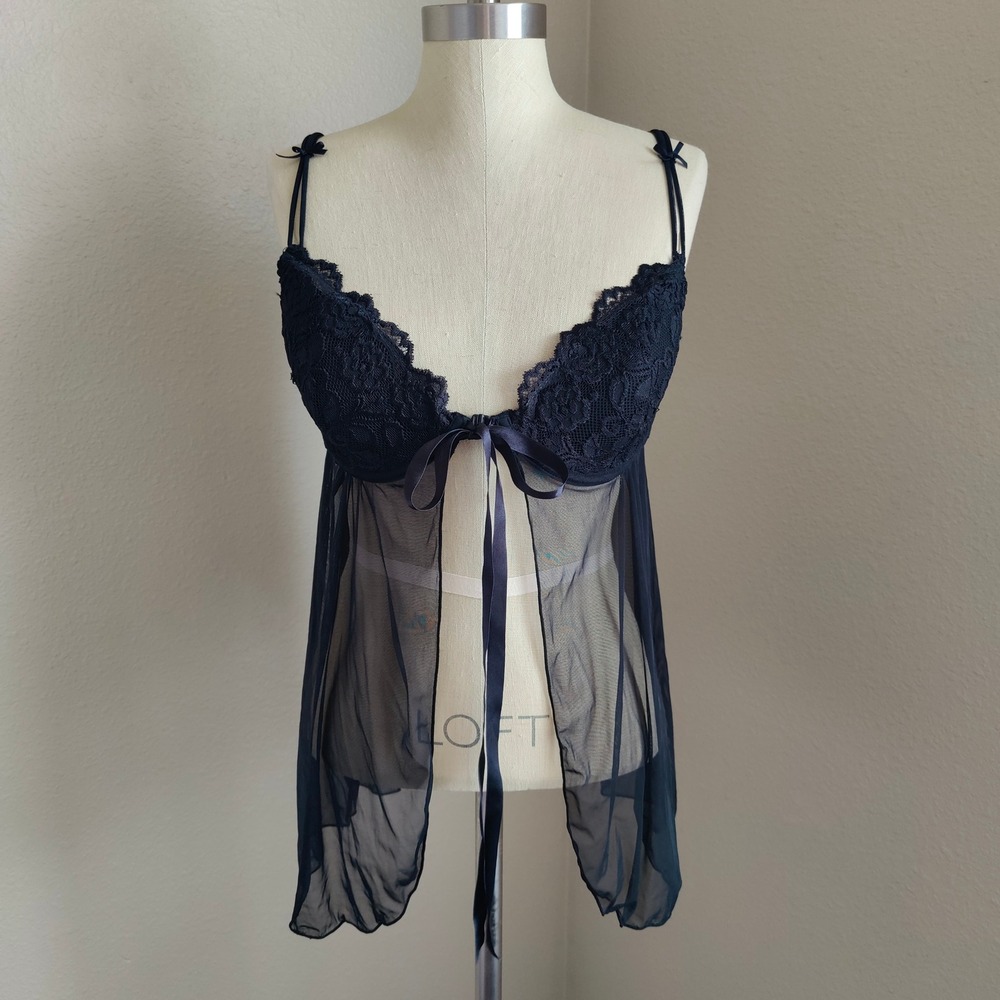 Black Lace Underwire Babydoll Lingerie Sheer Mesh Open Front Bows Goth 36C